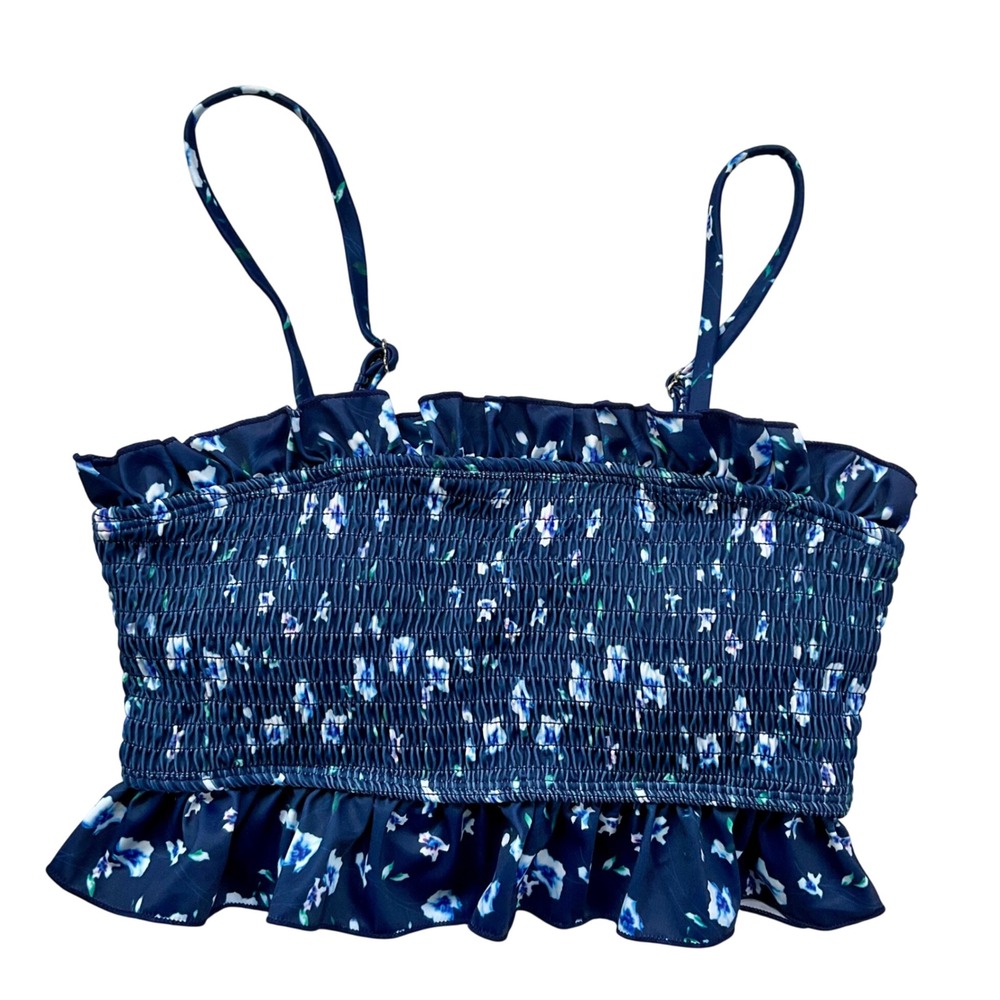 Floral Smocked Ruffle Bikini Top Navy Blue Adjustable Straps Small Nautical NWOT